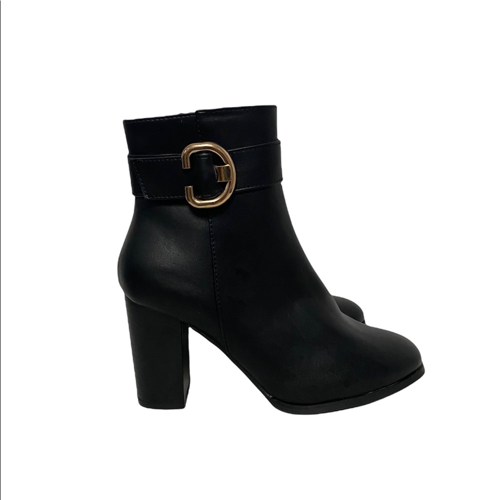 ASOS Relay Leather Block Heel Ankle Booties Black w/ Gold Buckle 5